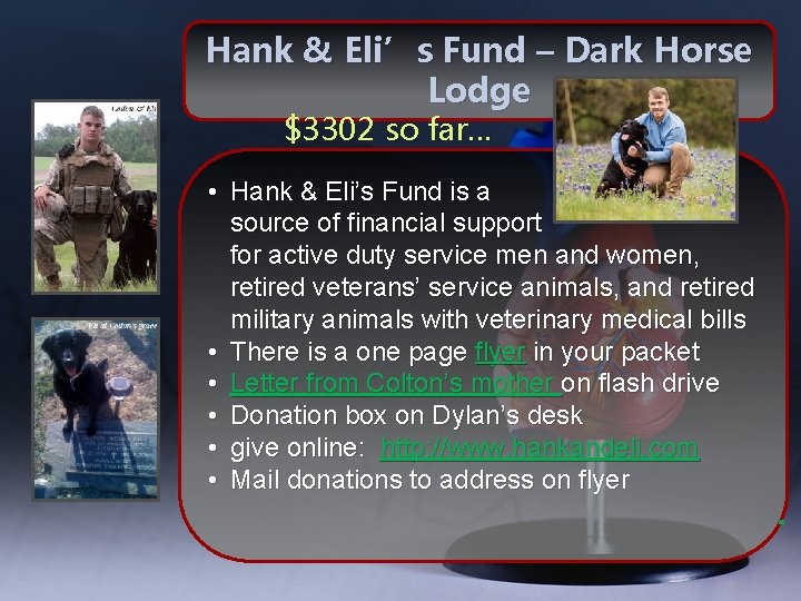 Hank & Eli’s Fund – Dark Horse Lodge $3302 so far… • Hank &