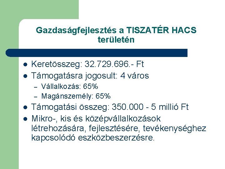 Gazdaságfejlesztés a TISZATÉR HACS területén l l Keretösszeg: 32. 729. 696. - Ft Támogatásra