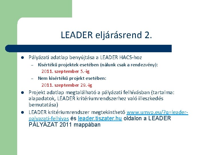 LEADER eljárásrend 2. l Pályázati adatlap benyújtása a LEADER HACS-hoz – – l l