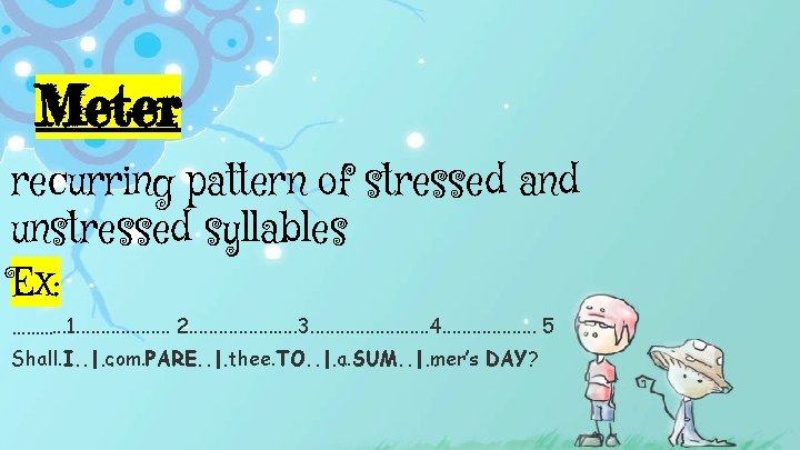 Meter recurring pattern of stressed and unstressed syllables Ex: ………. . . 1. .