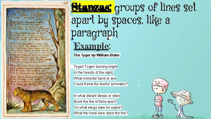 Stanzas: groups of lines set apart by spaces, like a paragraph Example: The Tyger