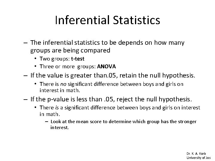Inferential Statistics – The inferential statistics to be depends on how many groups are Inferential Statistics – The inferential statistics to be depends on how many groups are