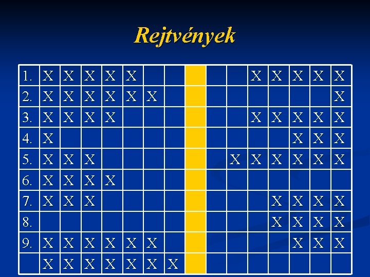 Rejtvények 1. 2. 3. 4. 5. 6. 7. 8. 9. X X X X