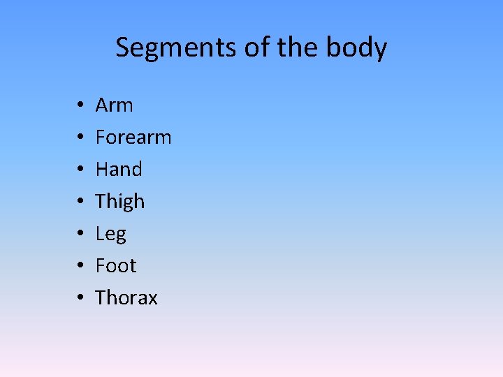 Segments of the body • • Arm Forearm Hand Thigh Leg Foot Thorax 