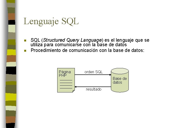 Lenguaje SQL n n SQL (Structured Query Language) es el lenguaje que se utiliza