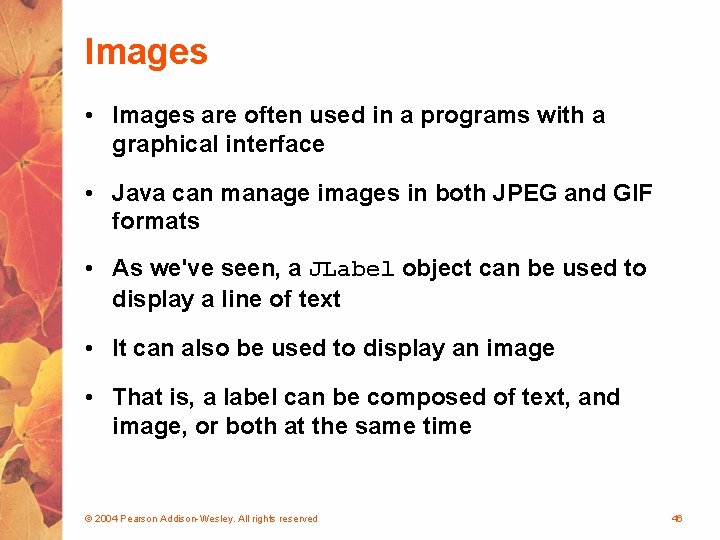 Images • Images are often used in a programs with a graphical interface •