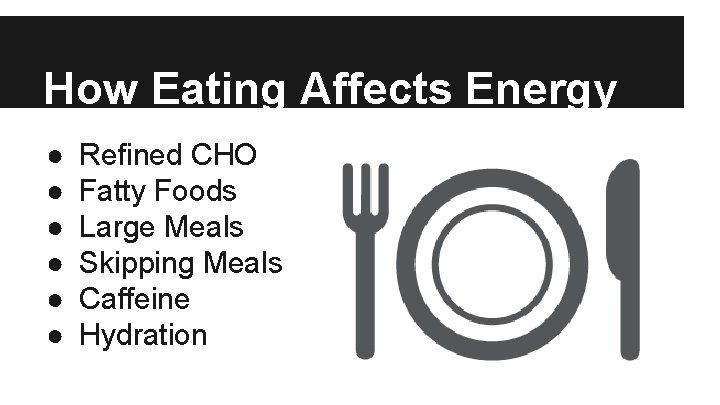 How Eating Affects Energy ● ● ● Refined CHO Fatty Foods Large Meals Skipping