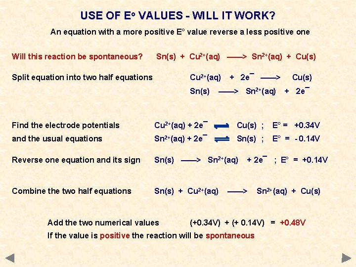 USE OF Eo VALUES - WILL IT WORK? An equation with a more positive