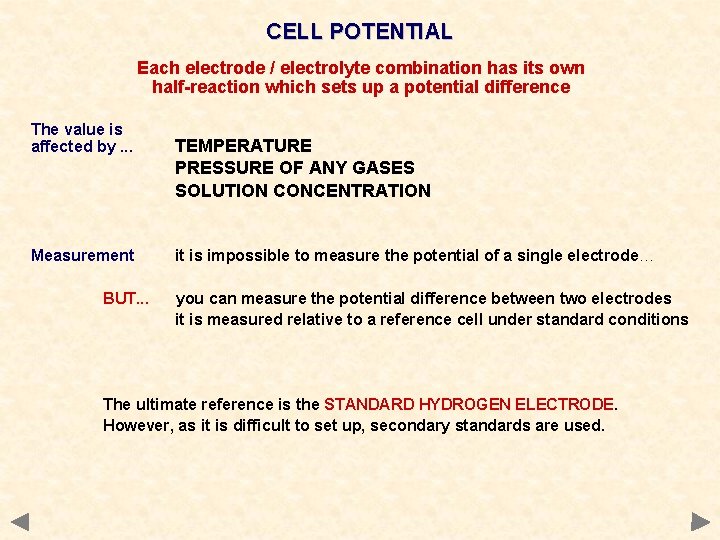 CELL POTENTIAL Each electrode / electrolyte combination has its own half-reaction which sets up
