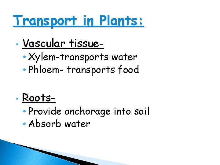 Transport in Plants: • Vascular tissue- • Xylem-transports water • Phloem- transports food •