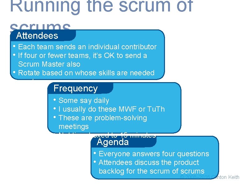 Running the scrum of scrums Attendees • Each team sends an individual contributor •