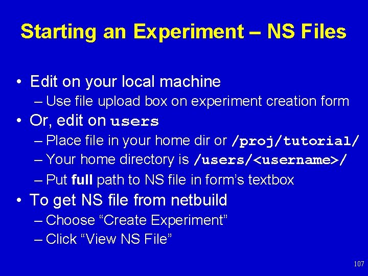 Starting an Experiment – NS Files • Edit on your local machine – Use