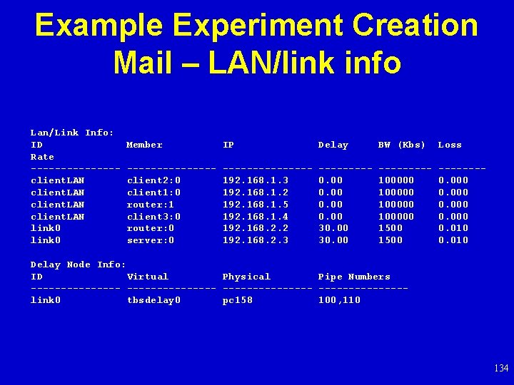 Example Experiment Creation Mail – LAN/link info Lan/Link Info: ID Rate -------client. LAN link