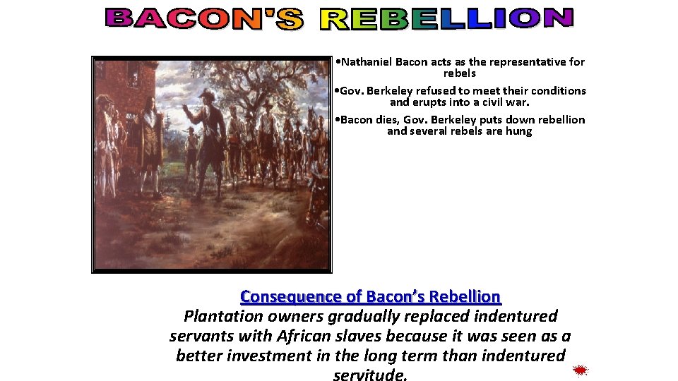  • Nathaniel Bacon acts as the representative for rebels • Gov. Berkeley refused