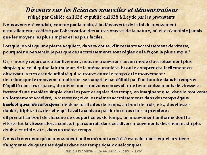 Discours sur les Sciences nouvelles et démonstrations rédigé par Galilée en 1636 et publié