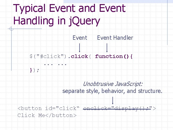 Typical Event and Event Handling in j. Query Event Handler $("#click"). click( function(){. .