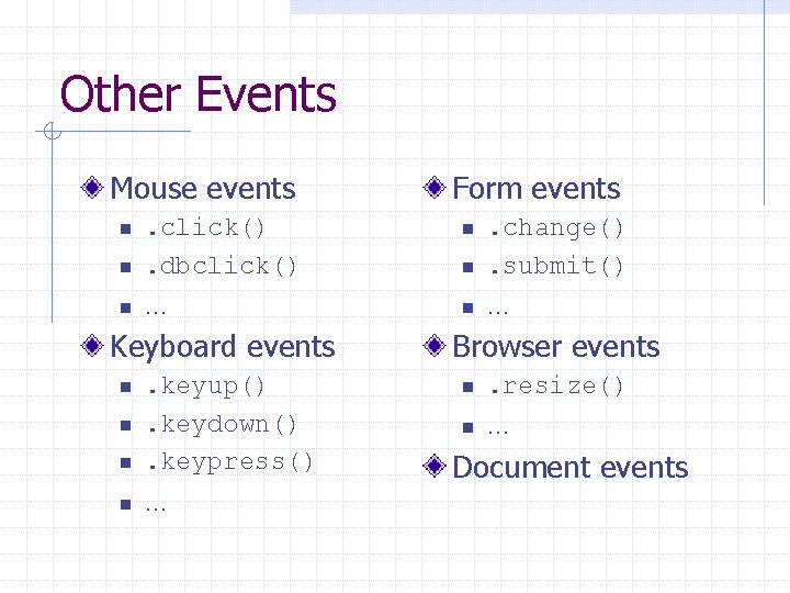 Other Events Mouse events n . click(). dbclick() n … n Keyboard events n