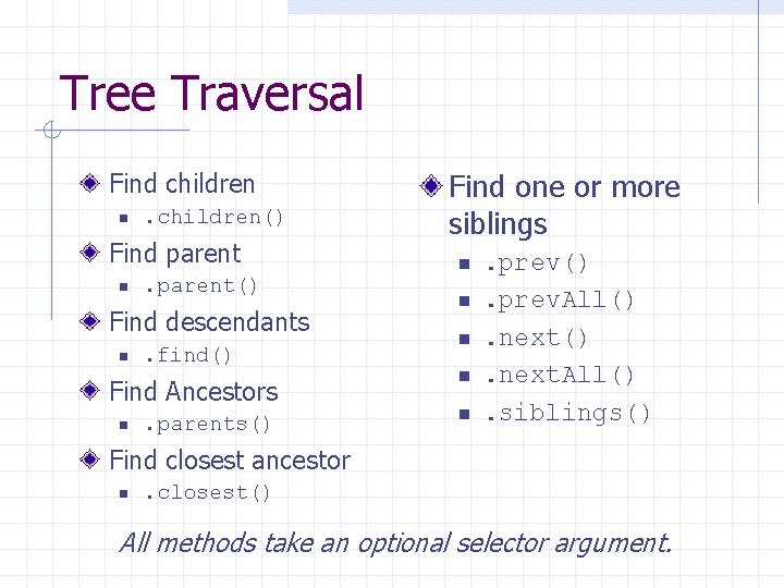 Tree Traversal Find children n . children() Find parent n . parent() Find descendants