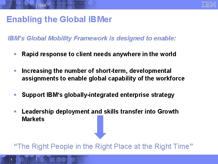 IBM Enabling the Global IBMer IBM’s Global Mobility Framework is designed to enable: §