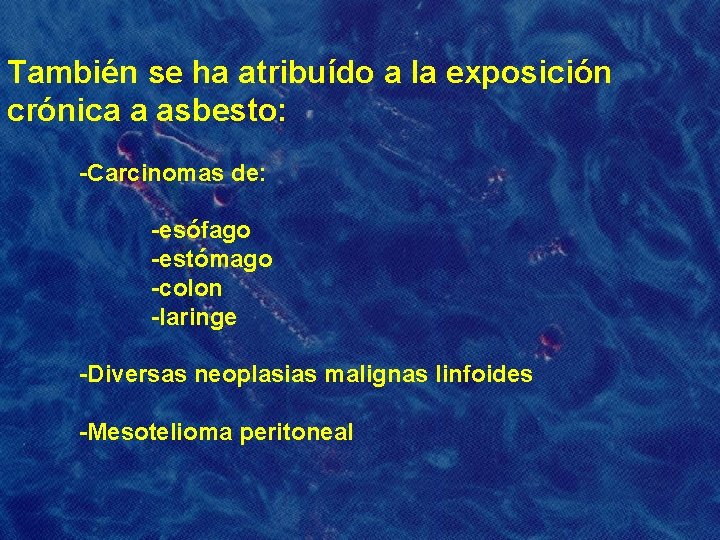 También se ha atribuído a la exposición crónica a asbesto: -Carcinomas de: -esófago -estómago