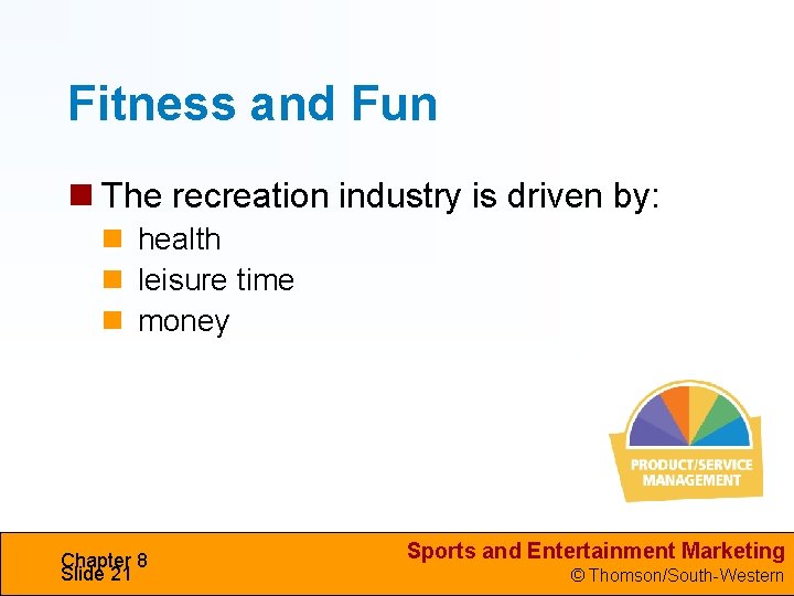 Fitness and Fun The recreation industry is driven by: health leisure time money Chapter