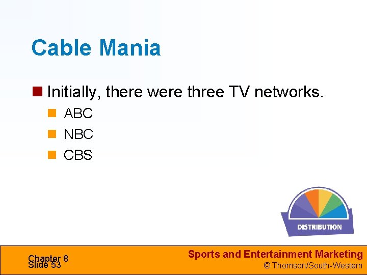 Cable Mania Initially, there were three TV networks. ABC NBC CBS Chapter 8 Slide