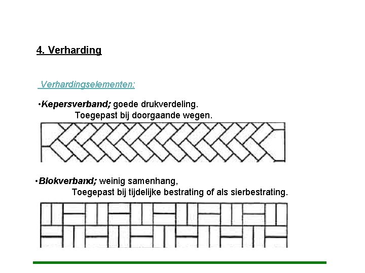 4. Verhardingselementen: • Kepersverband; goede drukverdeling. Toegepast bij doorgaande wegen. • Blokverband; weinig samenhang,