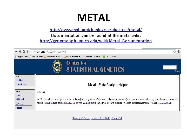 METAL http: //www. sph. umich. edu/csg/abecasis/metal/ Documentation can be found at the metal wiki: METAL http: //www. sph. umich. edu/csg/abecasis/metal/ Documentation can be found at the metal wiki: