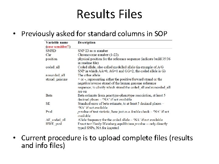 Results Files • Previously asked for standard columns in SOP • Current procedure is