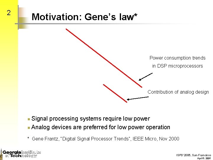2 Motivation: Gene’s law* Power consumption trends in DSP microprocessors Contribution of analog design