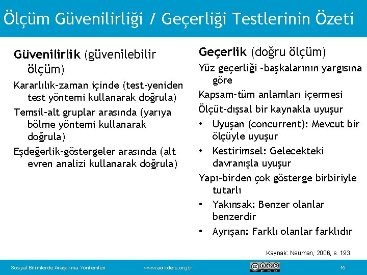 Ölçüm Güvenilirliği / Geçerliği Testlerinin Özeti Güvenilirlik (güvenilebilir ölçüm) Kararlılık–zaman içinde (test-yeniden test yöntemi