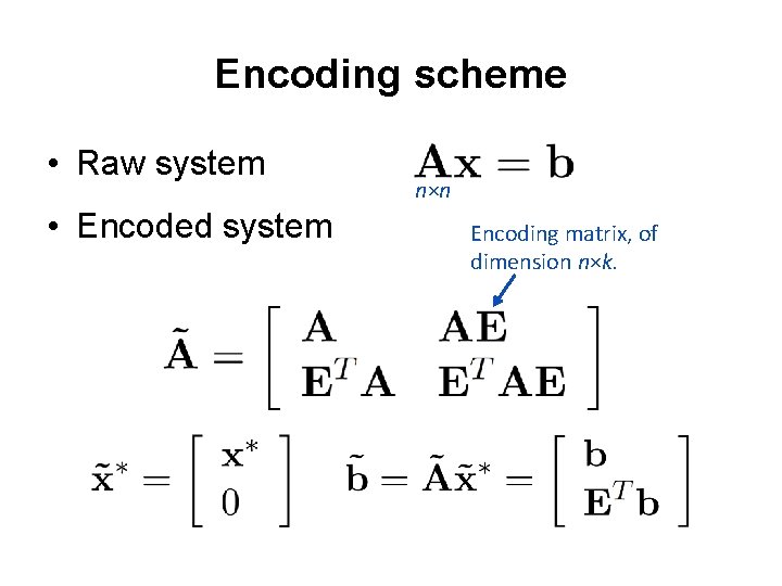 Encoding scheme • Raw system • Encoded system n×n Encoding matrix, of dimension n×k. Encoding scheme • Raw system • Encoded system n×n Encoding matrix, of dimension n×k.