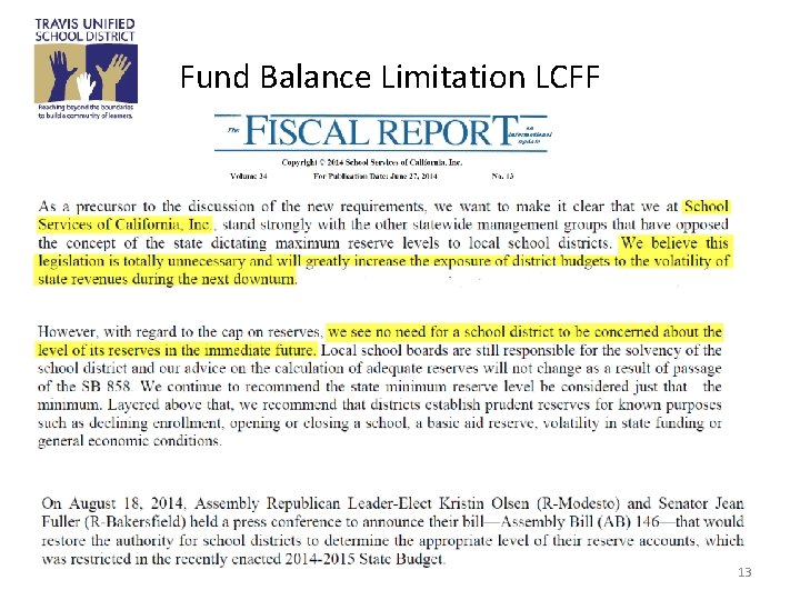 Fund Balance Limitation LCFF 13 