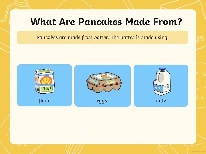 What Are Pancakes Made From? Pancakes are made from batter. The batter is made