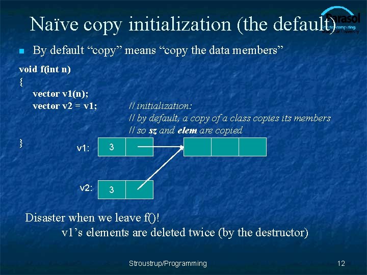 Naïve copy initialization (the default) n By default “copy” means “copy the data members”