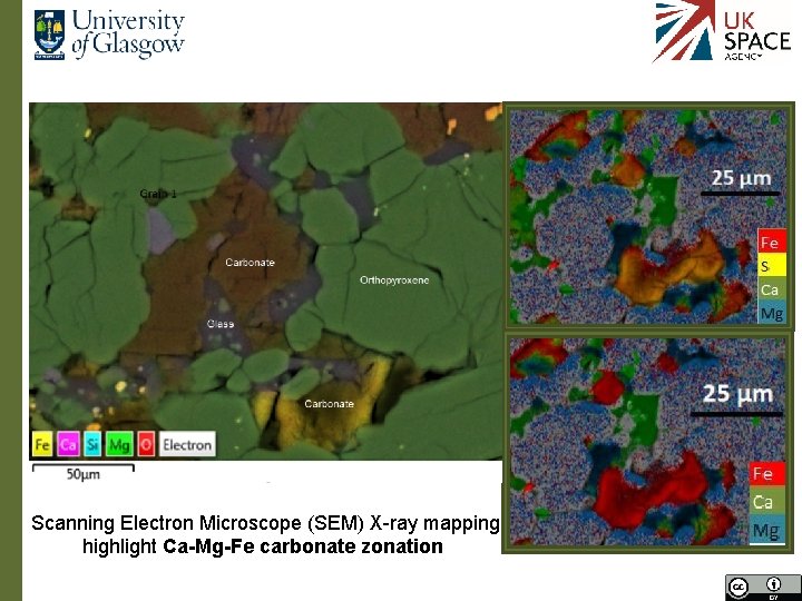 Scanning Electron Microscope (SEM) X-ray mapping highlight Ca-Mg-Fe carbonate zonation 