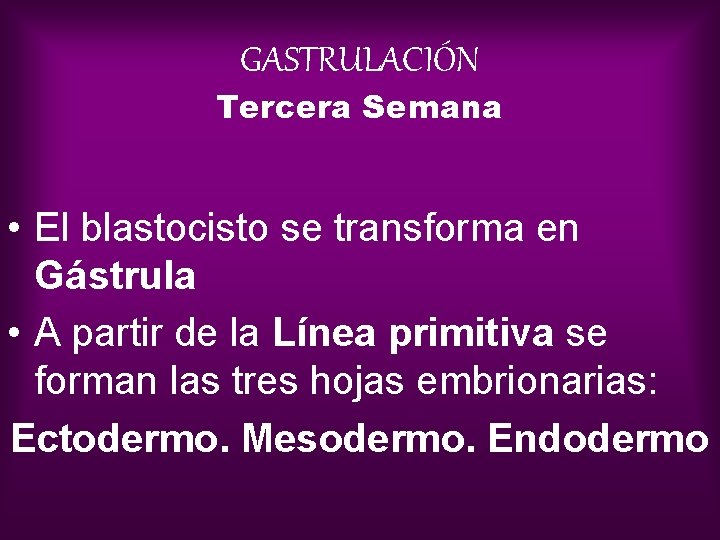 GASTRULACIÓN Tercera Semana • El blastocisto se transforma en Gástrula • A partir de