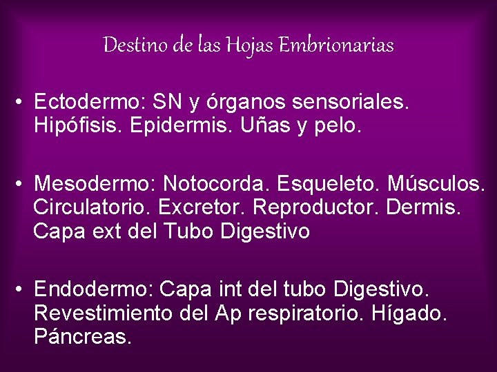 Destino de las Hojas Embrionarias • Ectodermo: SN y órganos sensoriales. Hipófisis. Epidermis. Uñas