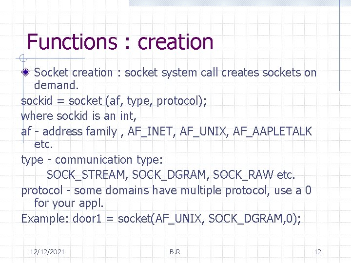 Functions : creation Socket creation : socket system call creates sockets on demand. sockid