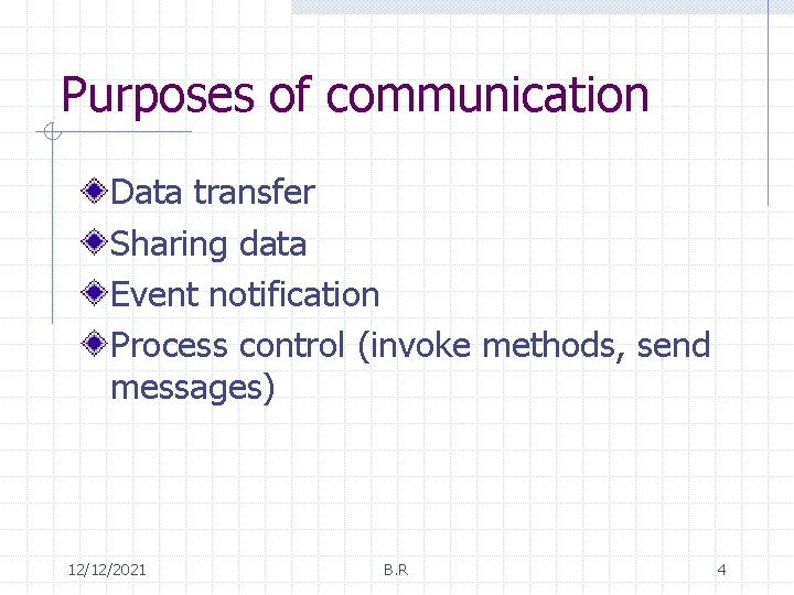 Purposes of communication Data transfer Sharing data Event notification Process control (invoke methods, send