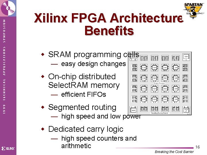 Xilinx FPGA Architecture Benefits w SRAM programming cells — easy design changes w On-chip