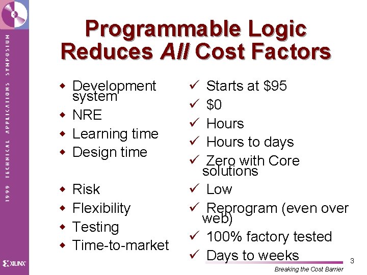 Programmable Logic Reduces All Cost Factors w Development system w NRE w Learning time