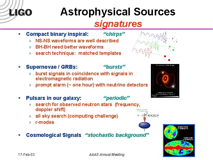 Astrophysical Sources signatures § Compact binary inspiral: “chirps” » NS-NS waveforms are well described