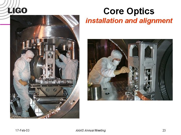 Core Optics installation and alignment 17 -Feb-03 AAAS Annual Meeting 23 