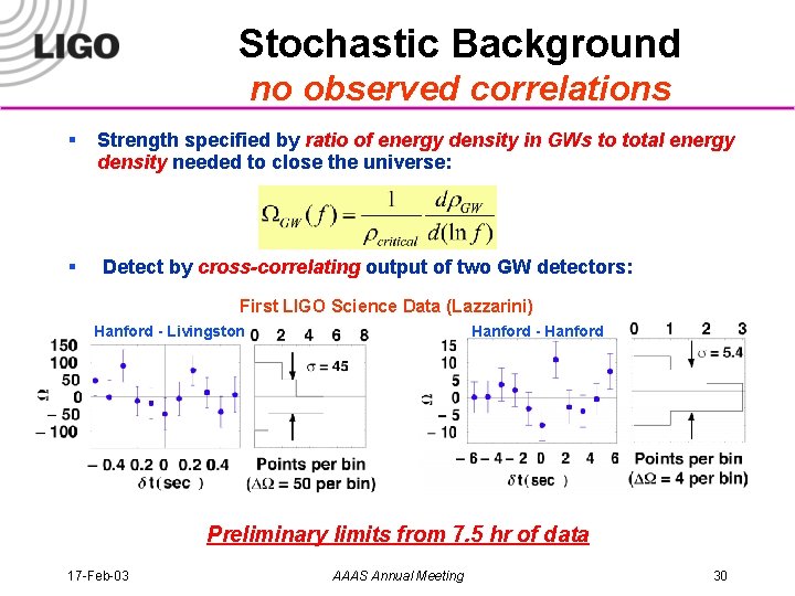 Stochastic Background no observed correlations § Strength specified by ratio of energy density in