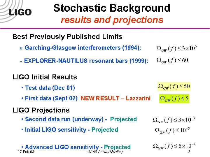 Stochastic Background results and projections Best Previously Published Limits » Garching-Glasgow interferometers (1994): »