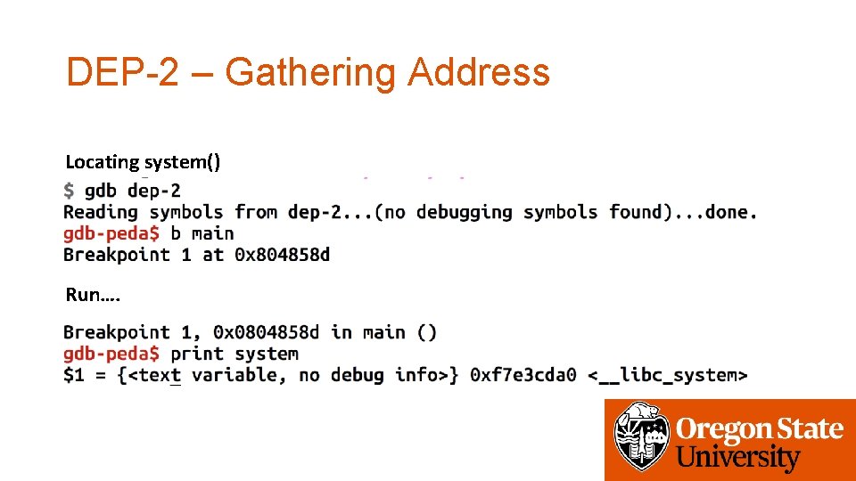 DEP-2 – Gathering Address Locating system() Run…. 