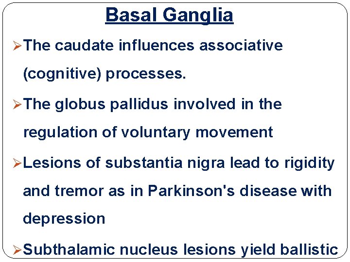 Basal Ganglia ØThe caudate influences associative (cognitive) processes. ØThe globus pallidus involved in the Basal Ganglia ØThe caudate influences associative (cognitive) processes. ØThe globus pallidus involved in the