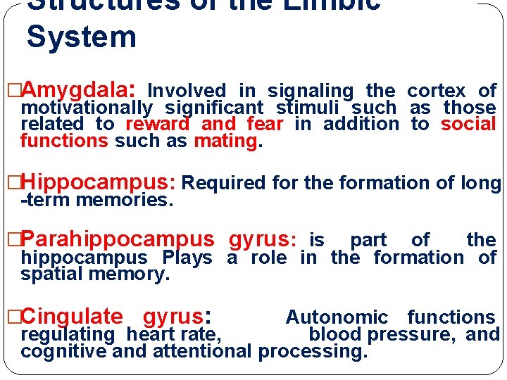 Structures of the Limbic System �Amygdala: Involved in signaling the cortex of motivationally significant Structures of the Limbic System �Amygdala: Involved in signaling the cortex of motivationally significant