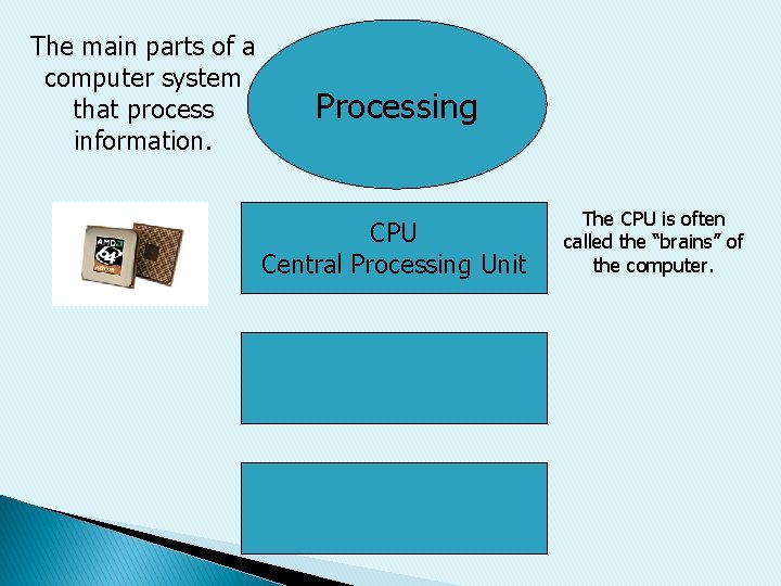 The main parts of a computer system that process information. Processing CPU Central Processing